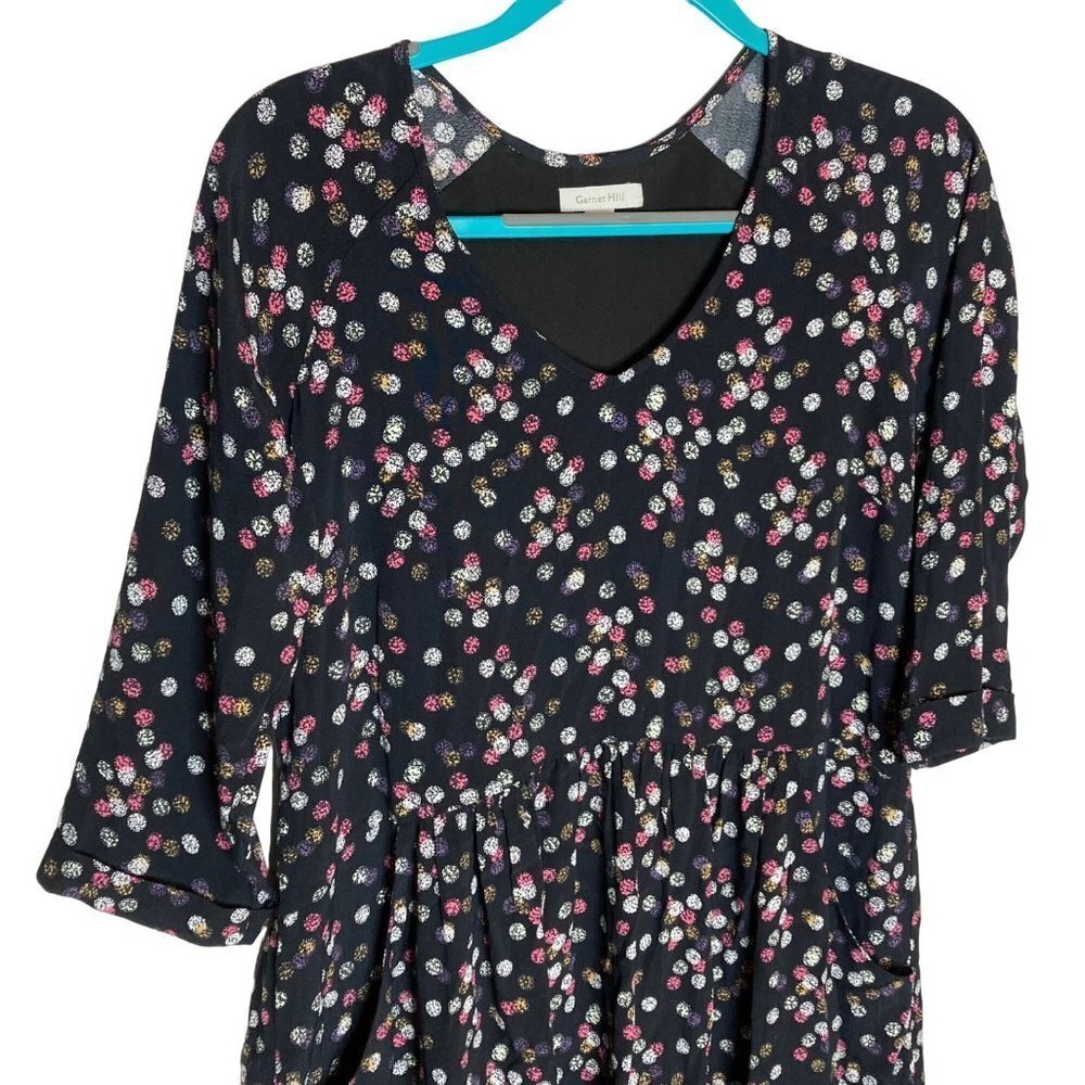 Garnet Hill Black Floral Multicolor Dot 3/4 Sleeve Dress Office Casual  Sz 4 - Picture 2 of 6